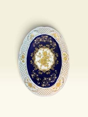 Sorelle Fine Porcelain Cobalt Blue & Gold Floral Decorative Oval Platter 13”